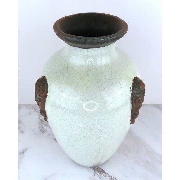 Vintage Large Crackle Glaze Pottery Vase w/ Mask Handles Rustic Asian Style 13" - Picture 2 of 9